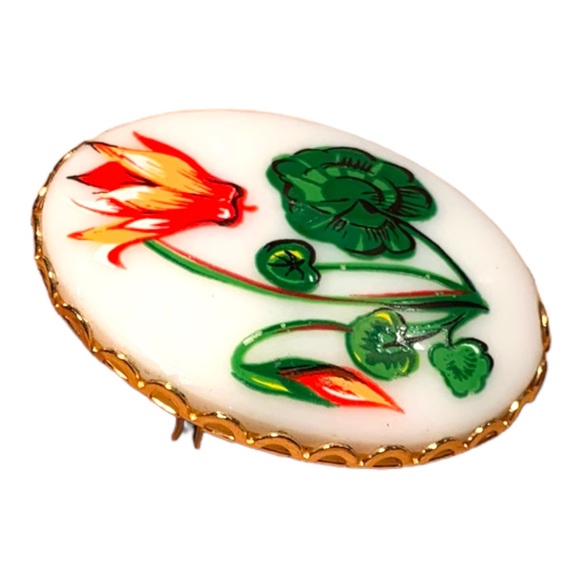 VTG Cloisonne Enamel Water Lilies Green Leaf Colourful Flower Brooch Lapel Pin - Picture 2 of 6